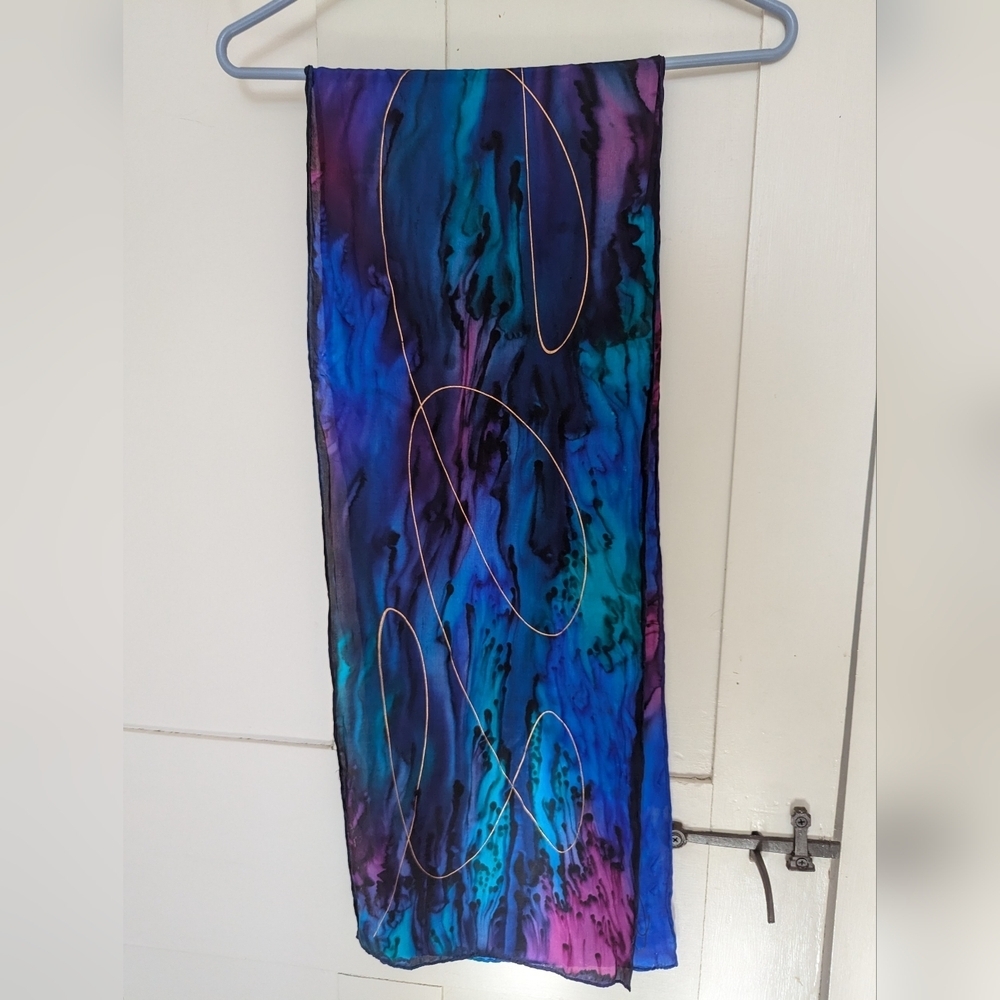Artisan Silk Scarf Jewel Toned Hand Dyed Vibrant Multicolor Skinny Gold Accents